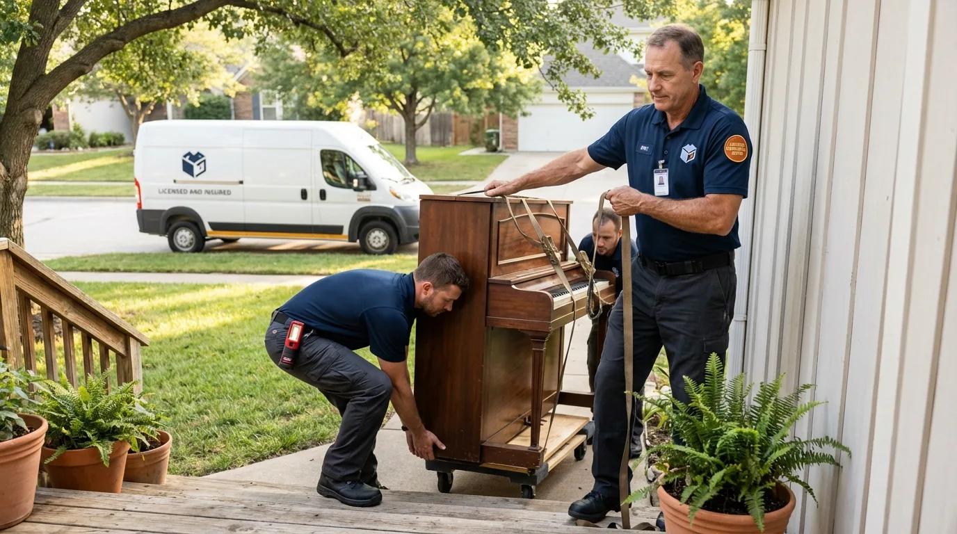 Licensed piano movers securing grand piano in Hayden, ID