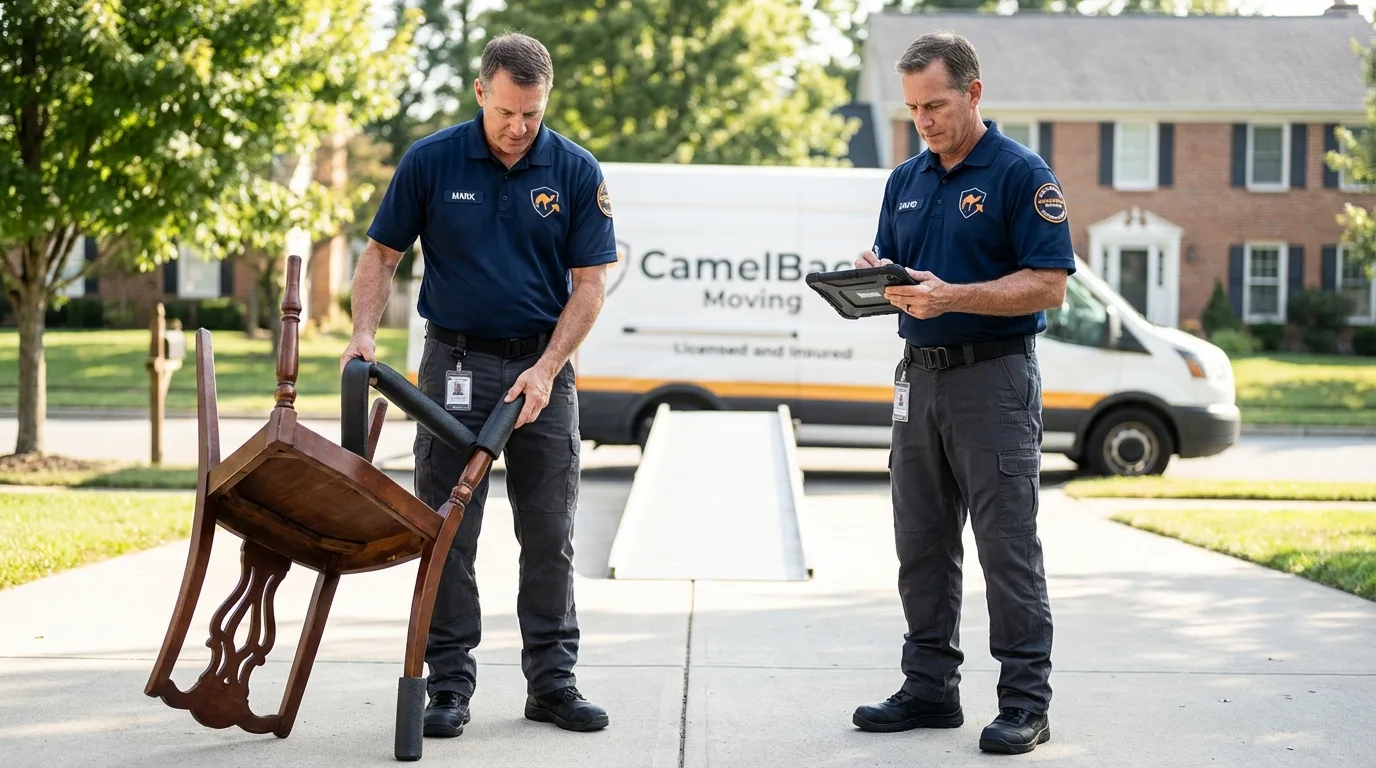 Movers inspecting furniture for damage prevention before loading in Hayden, ID