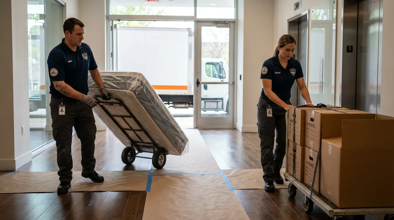 Professional apartment movers loading elevator in Hayden, ID